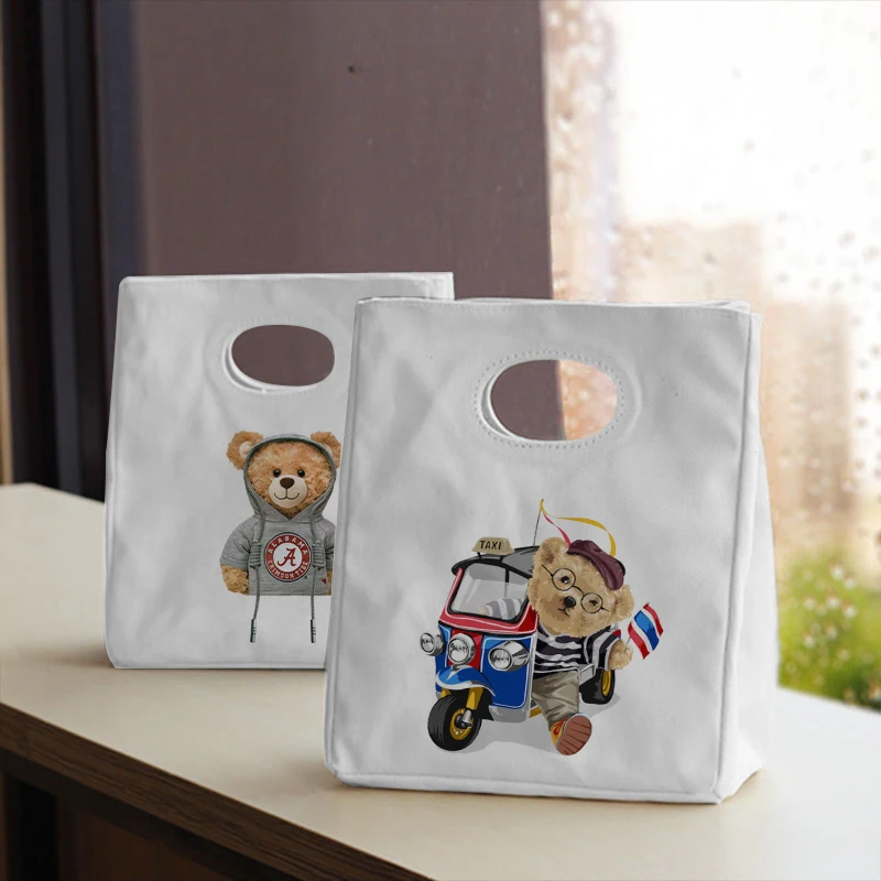 

Bear Doll Canvas Unisex Insulated Lunch Bag Canvas Tote Thickened Unisex Reusable Office Picnic Portable Food Storage Bag