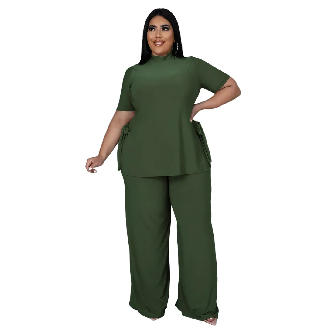 Plus Size Sets Solid Color Short Sleeve Casual Strap Wide Leg PantsTwo-piece Set  Plus Size Women Clothing Two Piece Set Women
