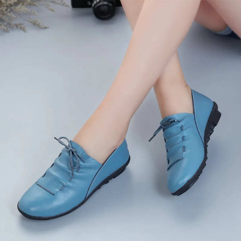 

Women Shoes 2022 New Arrival Spring Lace-up Pleated Genuine Leather Flats Shoes Woman Rubber Party Female Shoes Tenis Feminino
