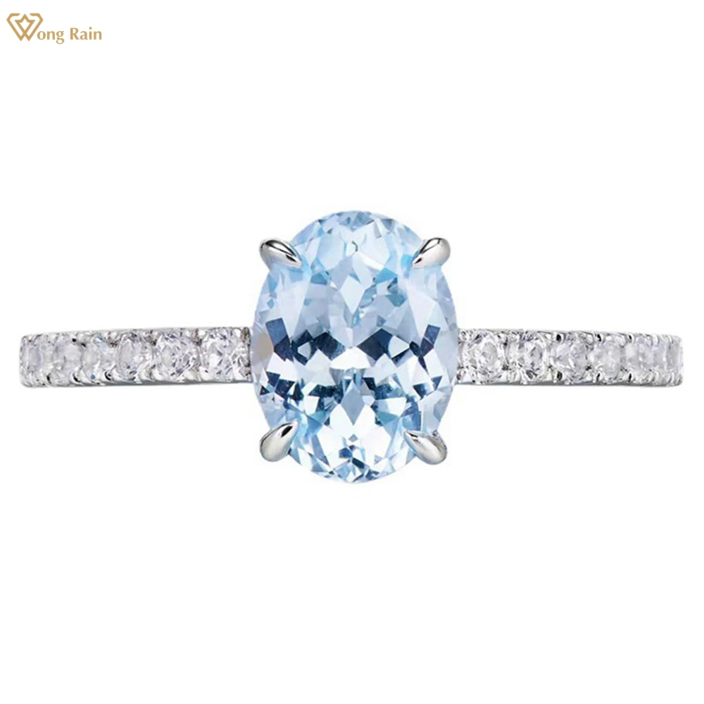 

Wong Rain 100% 925 Sterling Silver Oval Cut Created Moissanite Aquamarine Gemstone Wedding Engagement Ring Fine Jewelry Gift