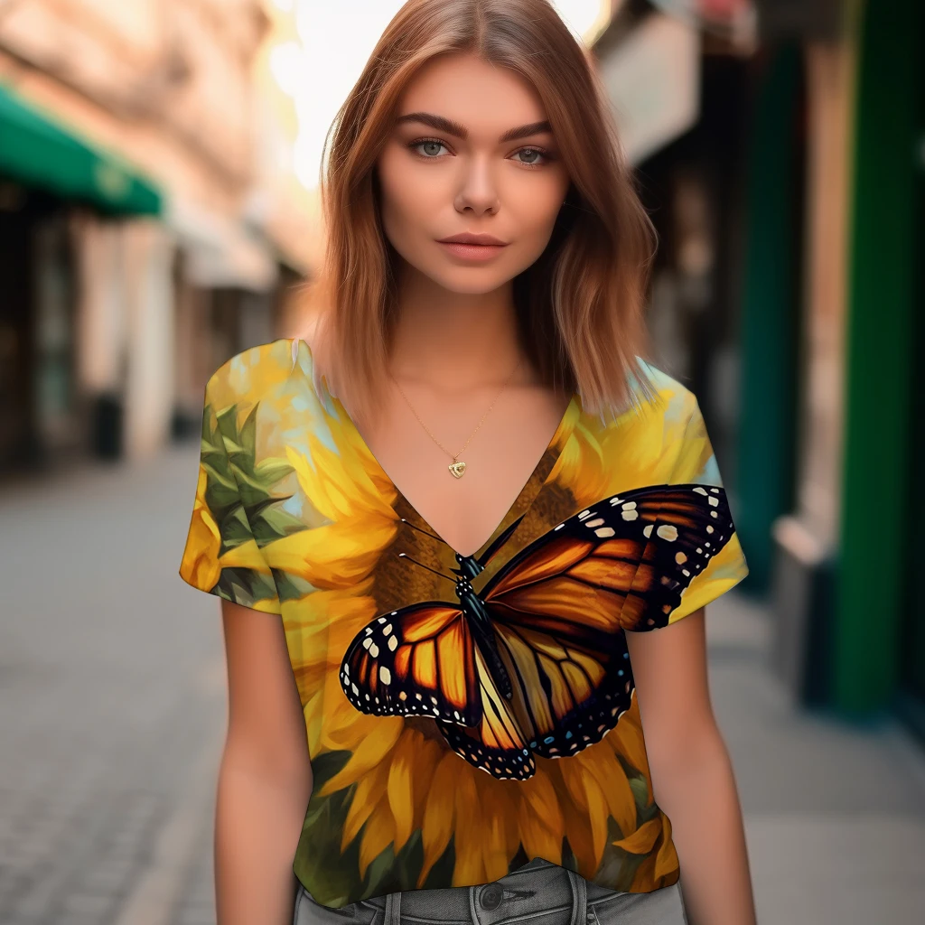 

Butterfly Sunflower 3D Printed T-shirt Women's Classic V-Neck T-shirt Daily Casual T-shirt Summer Fashion Short Sleeve T-shirt