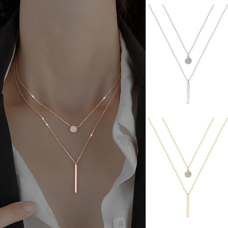 

Geometric Long Flash Diamond Round Double-layer Necklace Feminine Style Simple Fashion Diamond Inlaid Clavicle Chain Neck Chain