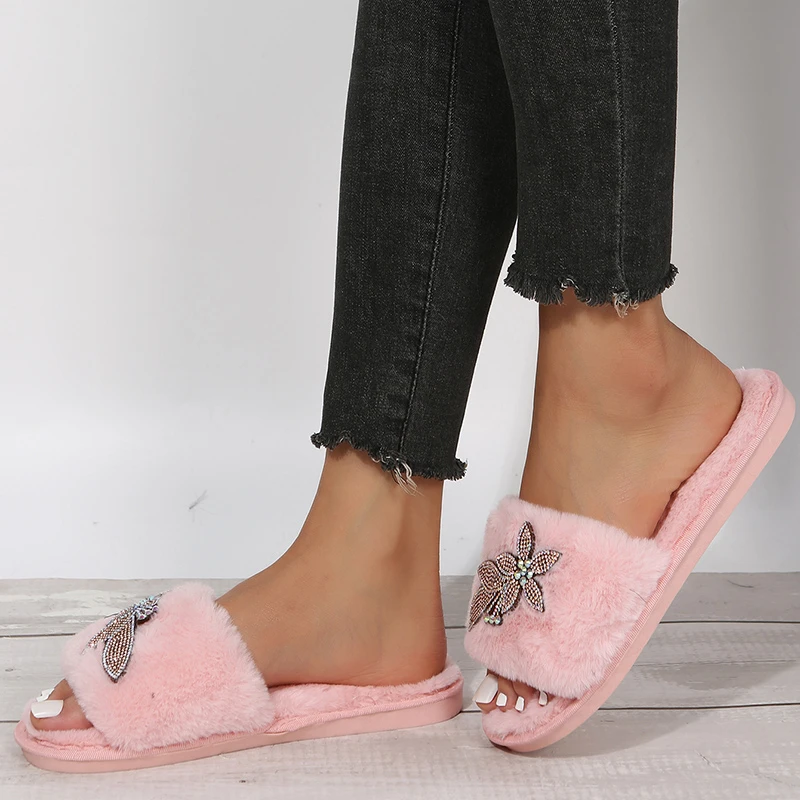 

2023 New spring and autumn rabbit hair four seasons home rabbit hair girl's cotton slippers 3987