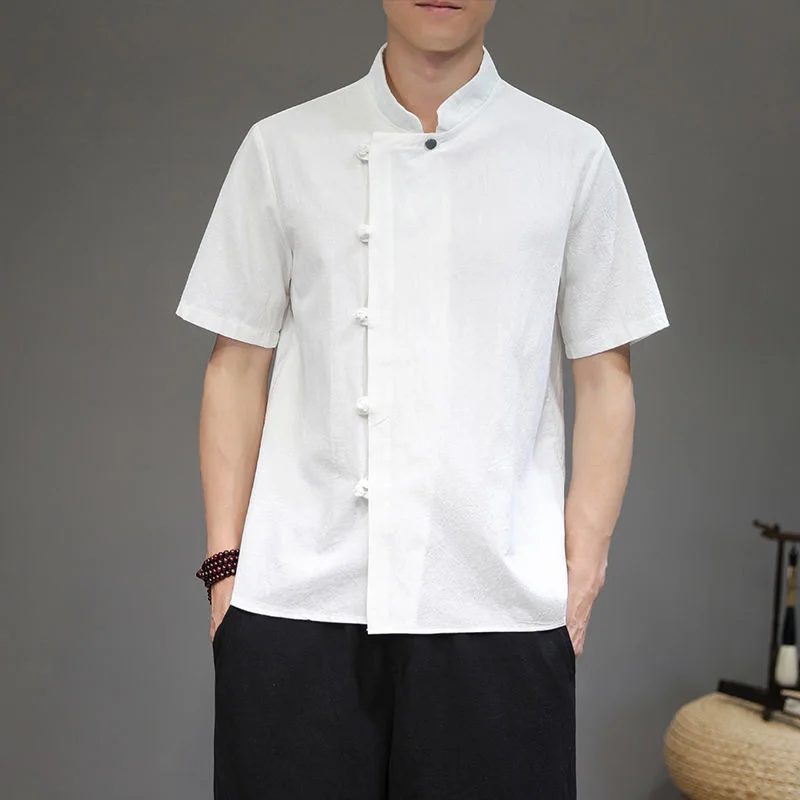 

MrGB 2023 Chinese Summer Solid Shirt Men's Inclined Placket Button Loose Blouses Tops Short Sleeve White Male Cardigan Vintage
