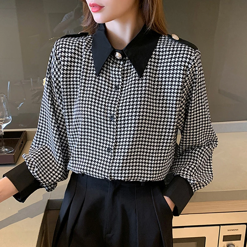 

2023 New Autumn Women's Office OL Houndstooth Long Sleeve Blouses Blusas Female Fashion Turn Down Collar Casual Loose Shirt Tops