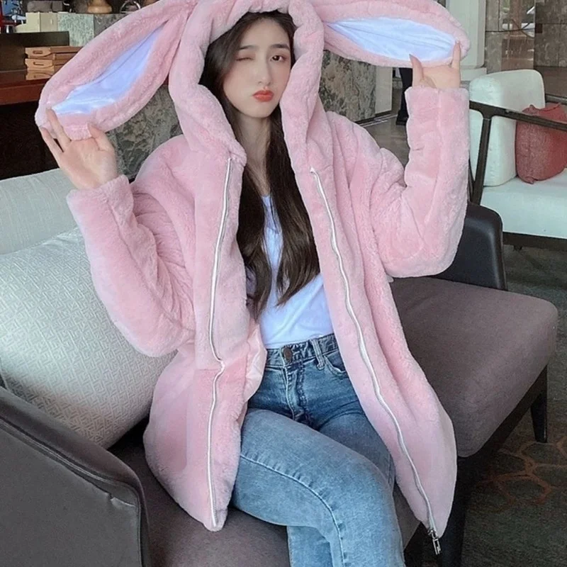 Autumn and Winter Kawaii Cute Jacket Women's Hooded Rabbit Ears Imitating Rex Rabbit Fur Plush Faux Fur Coat Thick and Warm