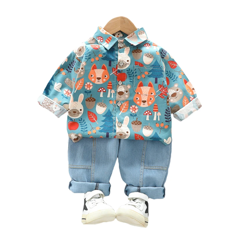 Рубашка и джинсы с длинным рукавом принтом динозавра комплект из двух предметов