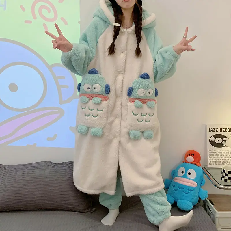 

Kawaii Sanriod Anime Hangyodon Pajamas Women's Coral Velvet Thickened Nightgown Winter New Home Clothes Can Be Worn Outside