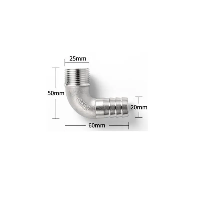 

3/4'' BSP Male Thread x 20mm 304 Stainless Steel Elbow Connector Barb Hose Tail Reducer Pagoda Joint Coupling Pipe Fitting
