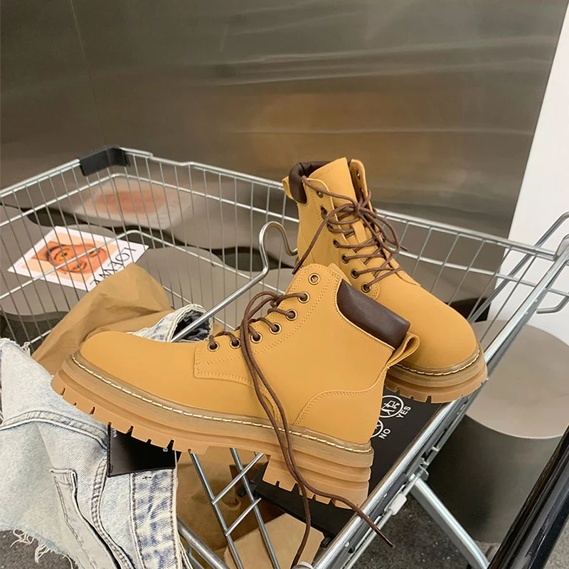 

Женские ботинки на шнуровке, Повседневные Удобные ботинки желтого цвета в стиле ретро, с рифленой подошвой, 2022