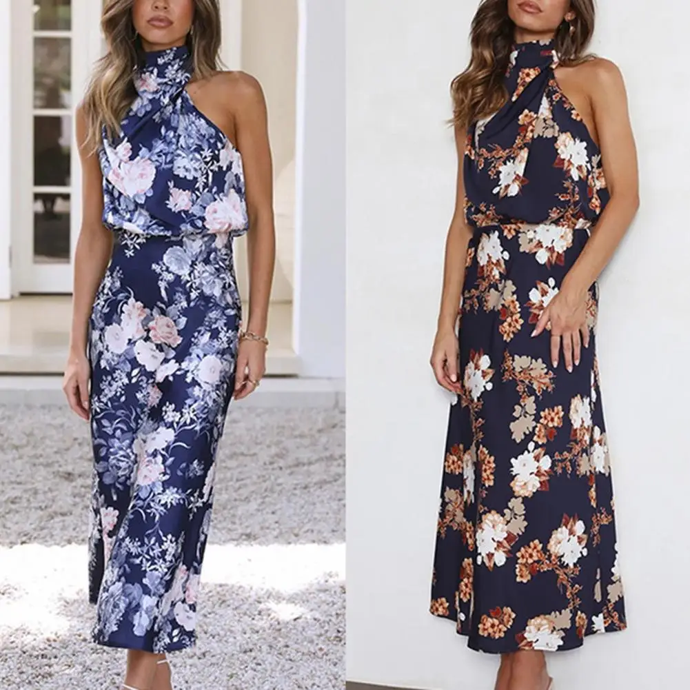

Summer Dress Printing Strapless Decorate Halter Neck Boho Floral Print Dress Women Clothes