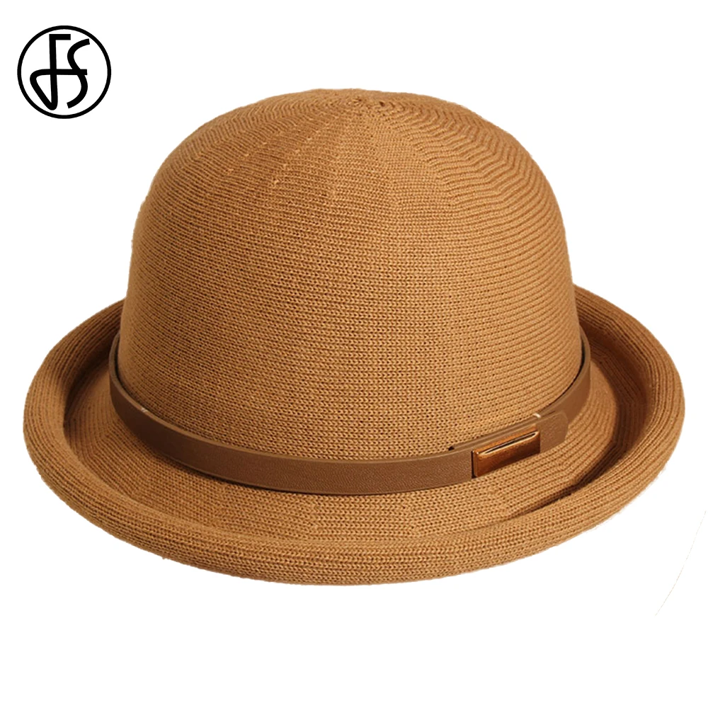 

FS Straw Knit Woven Curled Dome Sun Cap Wedding Church Bucket Hats For Women Summer Beach Travel Sunscreen Bowler Hat Female