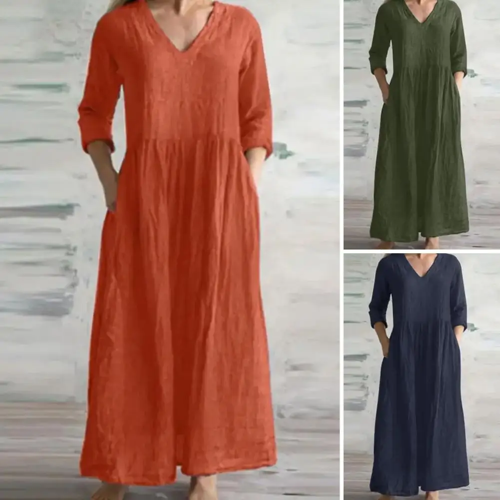 

Women V-neck Dress Versatile Women's V-neck Maxi Dress Soft Breathable Fabric Ankle Length Half Sleeves Pockets Ideal for Summer