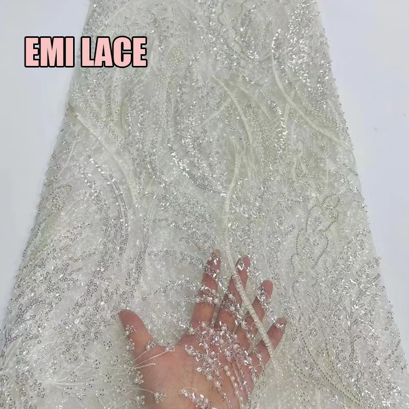 

Luxury Beads Lace Handmade Fabric French Wedding Dress Latest Nigeria Cotton Embroidery White Good Price With Stones New 2022