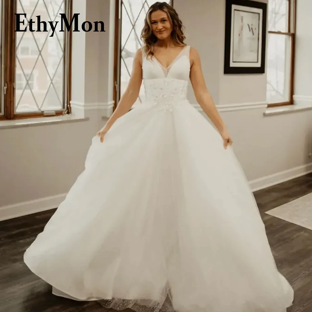 

Ethymon Zipper Simple V-Neck Sleeveless A-Line Wedding Dresses Tulle Pleat For Mariages Made To Order Robe De Soirée De Mariage