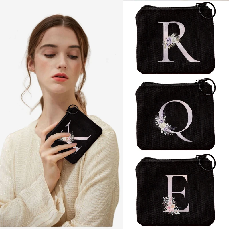 

Кошелек для монет женский холщовый, маленькая сумочка на молнии с серыми и фиолетовыми надписями, милый клатч для мелочи