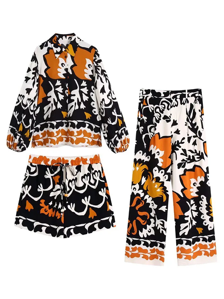 

DYLQFS Women Boho Print Suit 2022 Spring Summer Casual Vacation Shirt Ladies Home Long Sleeve Top Lace Up Shorts Three Piece Set