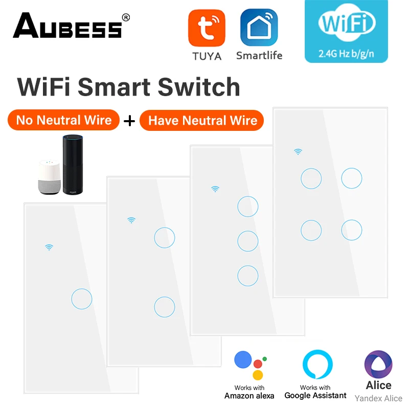 

Умный выключатель Aubess, Wi-Fi, США, 1/2/3/4 клавиши, требуется нейтральный провод, Tuya Smart Life, управление через приложение, поддержка Alexa Google Home 1