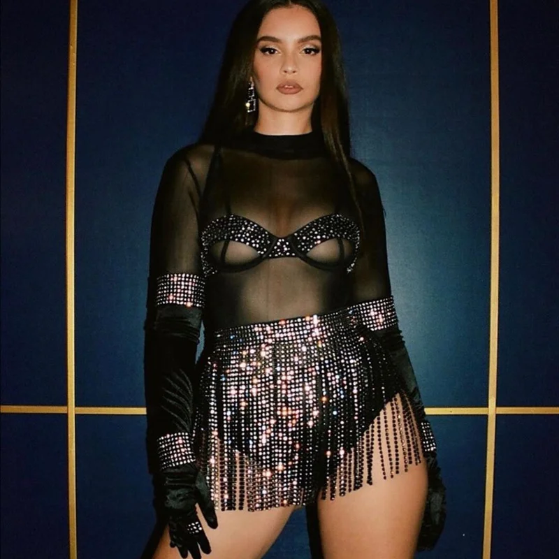 Сексуальная мигающая мини-юбка со стразами на бретельках электрическая сияющая