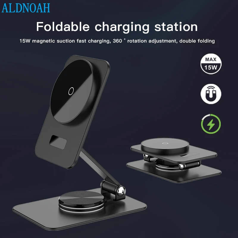 15W Magnetic Wireless Charger 360° Rotatable Metal Stand for iPhone 14 Plus 13 12 Pro Max Mini Phone Foldable Wireless Charging