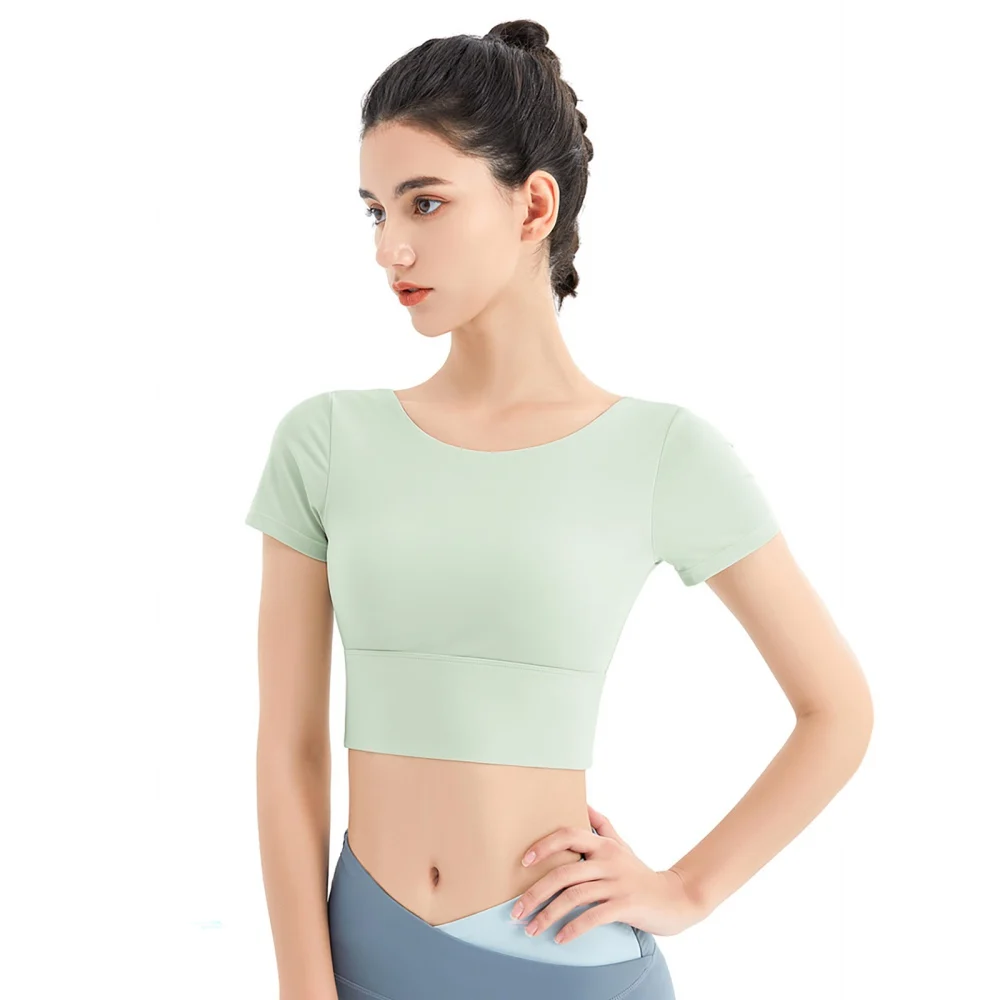 

Hollow Short Sleeves Sports Crop Tops for Women Padded Yoga Tank Tops Athletic Shirts KUYUG1