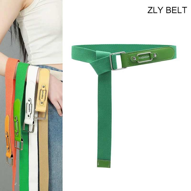 ZLY 2022 New Fashion Belt Women Men Colorful Versatile Canvas PU Leather Material Alloy Metal Buckle Trend Slender Type Casual