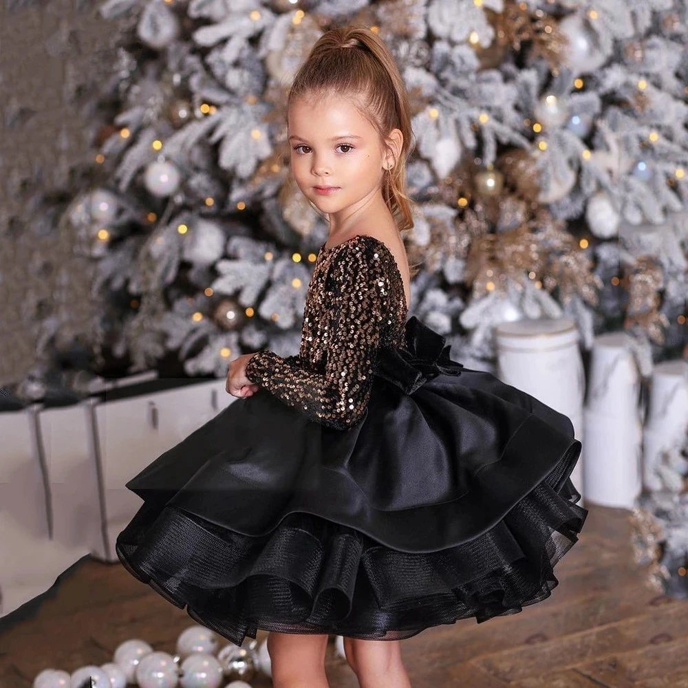 

Black Baby Girl Birthday Dress Sequined Fluffy Flower Girl Dresses For Weddings Kids Princess Ball Gown Lush Dresses For Girls