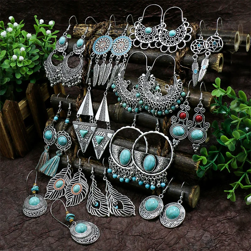 

Bohemian Retro National Style Hollow Pine Stone Water Drop Earrings Female Türkiye Tassel Earrings Jewelry Anniversary Gift