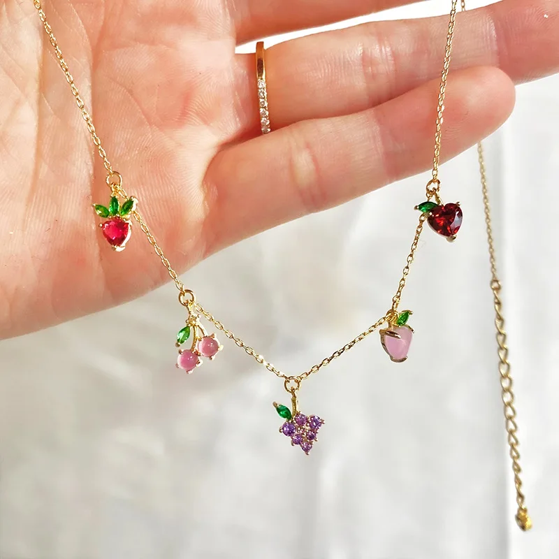 

Gold Color 18K Real Gold Electroplating INS Trendy Colorful Zircon Various Tropical Fruit Collarbone Chain Necklace Female