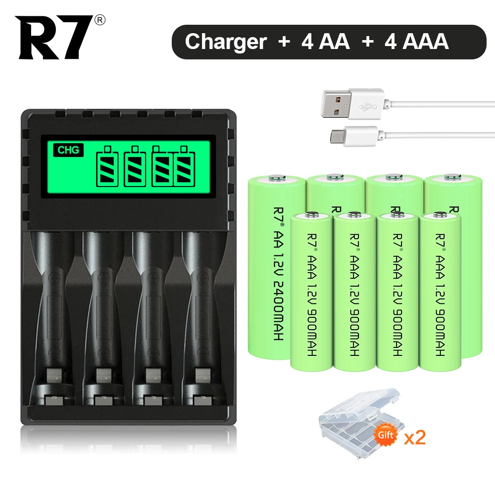 

R7 1.2V AA/AAA rechargeable battery NI-MH 2400mAh AA+900mAh AAA batteries for Camera Mouse Toy with LCD battery charger