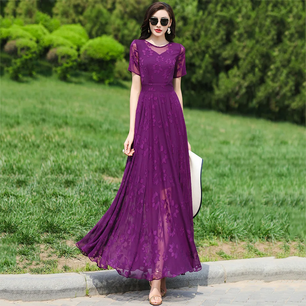 

Women Purple Jacquard Long Dress Summer New Elegant Chic Short Sleeve Slim Overlength Dress Fashion Flowing Pullover Dress