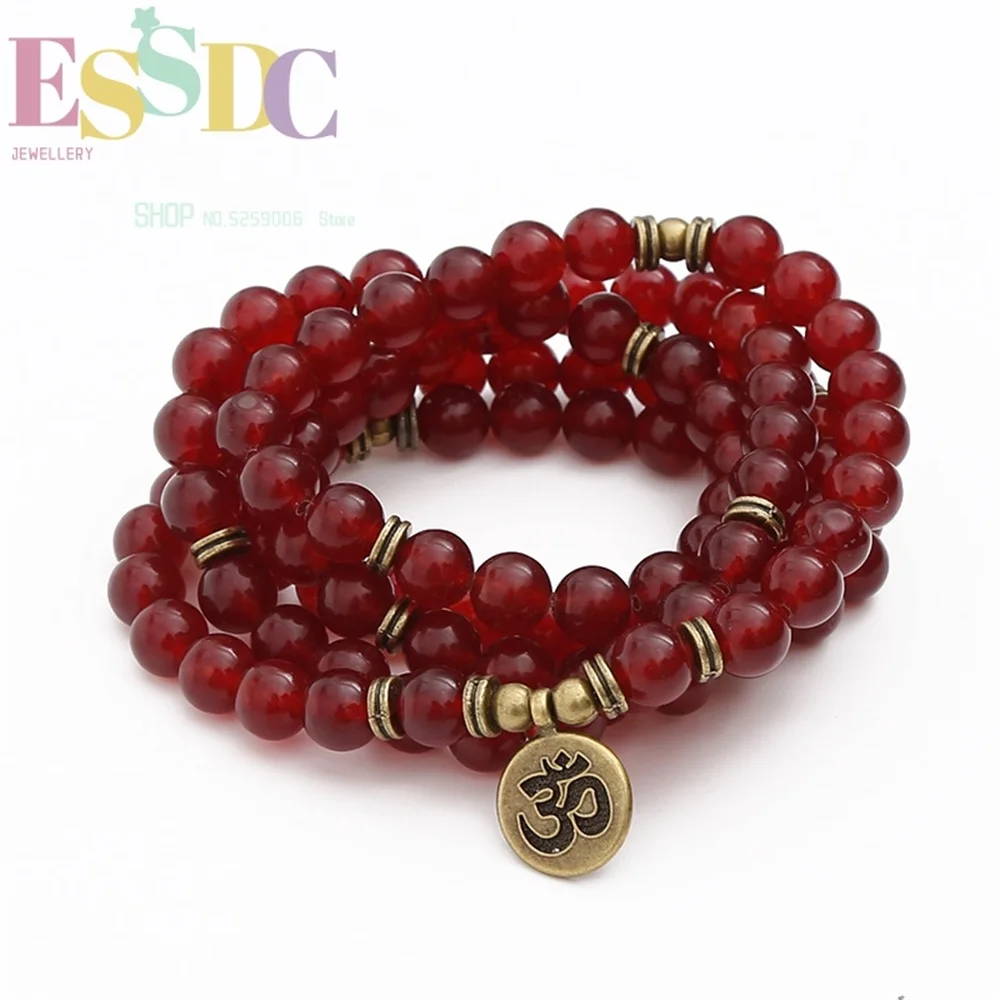 

Trendy Women's Yoga Lotus Charm 8mm Red Stone Beads 108 Mala Buddhist Meditation Strand Bracelet or Necklace Dropship