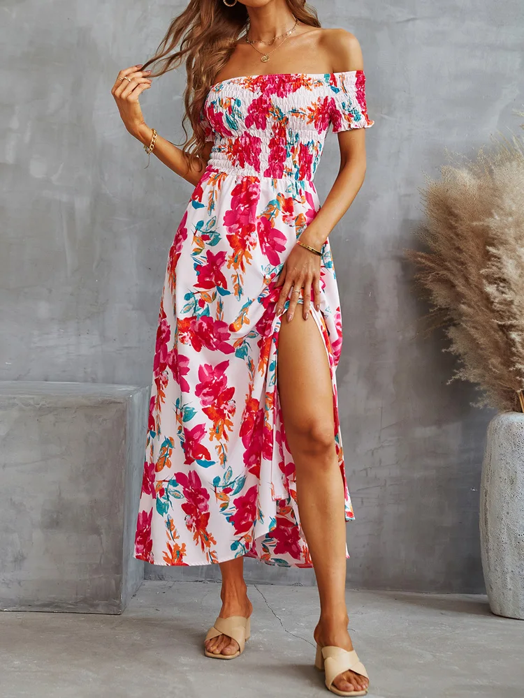 

Fashion Sleeveless Floral Printed Ladies Holiday Party Dress Sexy High Split Dress Women Off Shoulder Summer Long Chiffon Dress