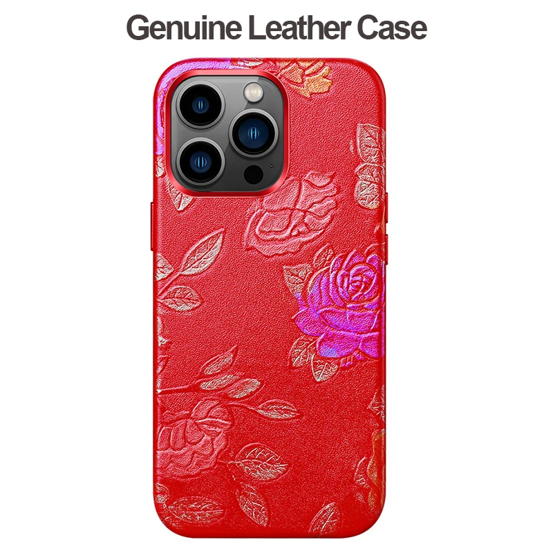 

Genuine Leather Case for iPhone 13 Pro Max Classic Chinese style Real Skin Magnetic Charging Phone Back Cover for iPhone 13 Pro