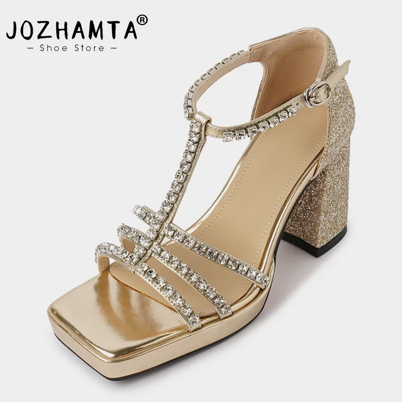 

Сандалии JOZHAMTA женские на платформе и высоком каблуке, Роскошные туфли с кристаллами, с Т-образным ремешком и пряжкой, золотистые, размеры 34-40, на лето