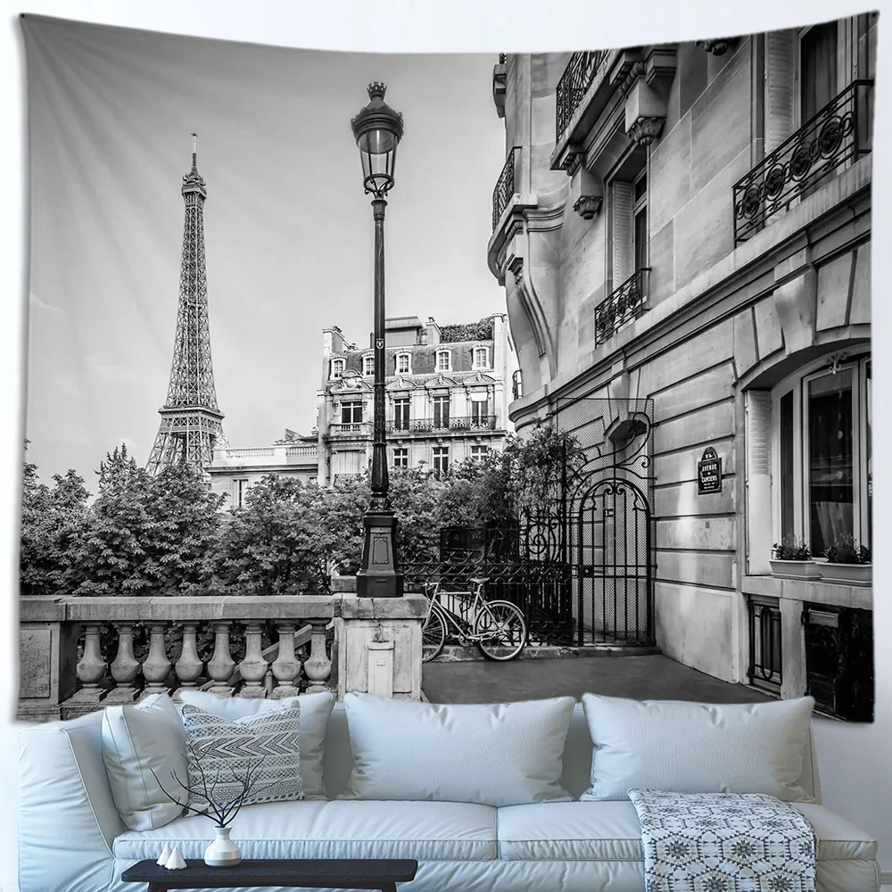 Винтажный гобелен в стиле Парижской башни черно-белый архитектурный красный