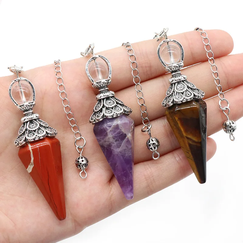 6PCS Natural Stone Hexagon Pendulums Amethyst Rose Quartz Chakra Crystal Pendants for Dowsing Spiritual Reiki Jewelry