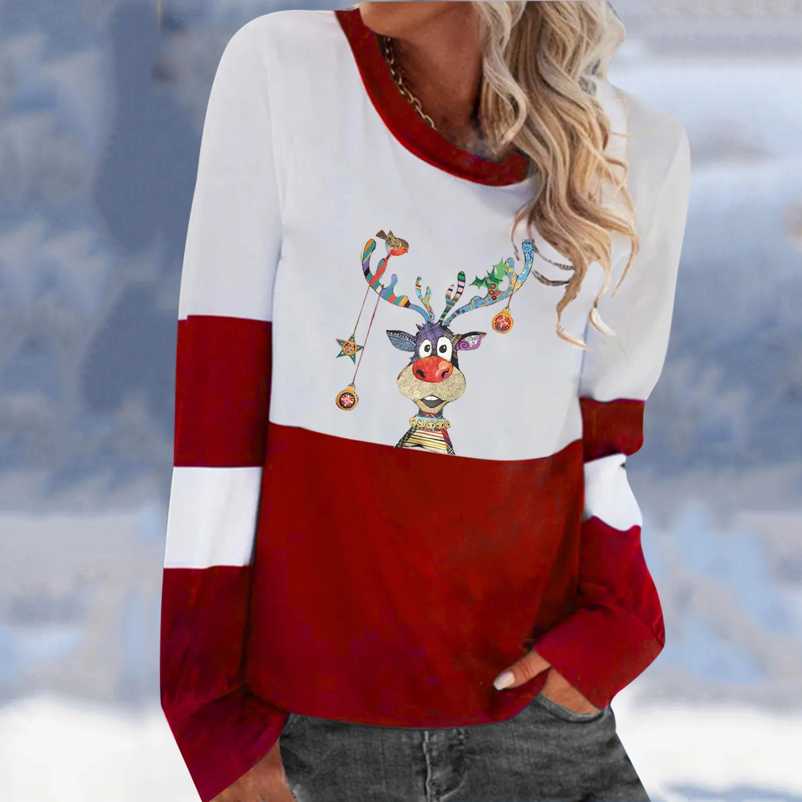 

Women Long Sleeve Crewneck Thin Sweatshirt Pullover Tops Christmas Designs Deer Printed Striped Splice Basic Basics Womens Shirt