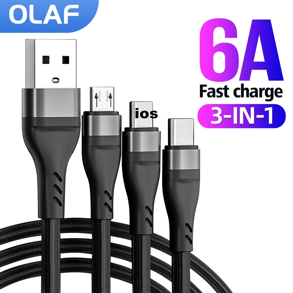 

Зарядный кабель 6A 3 в 1, Micro USB Type-C, кабель для быстрой зарядки и передачи данных для iPhone 14, Samsung, Xiaomi, Huawei