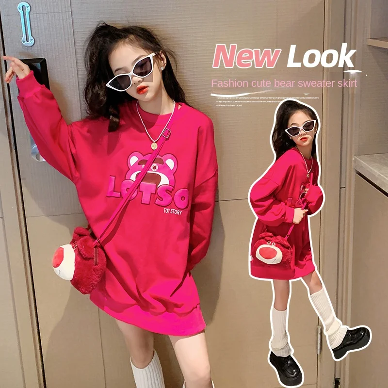 

Girls' rose red bear sweater autumn 2022 new loose medium and big boy's foreign style medium and long coat tide