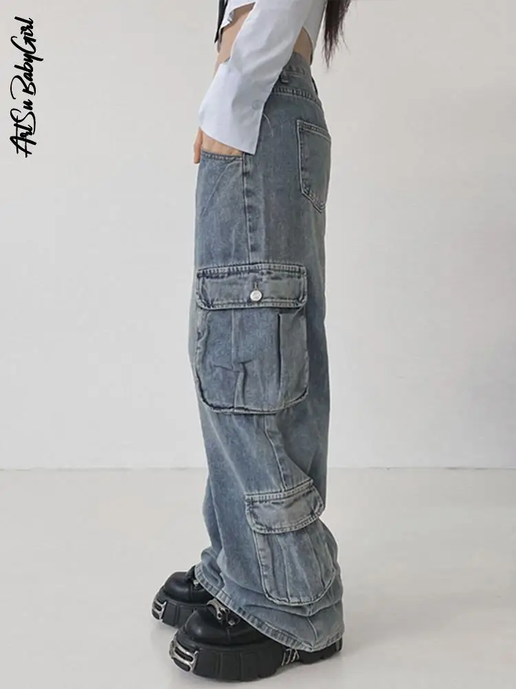 

Джинсы-Багги женские с карманами, прямые брюки-карго из денима, модная винтажная уличная одежда с низкой посадкой в Корейском стиле
