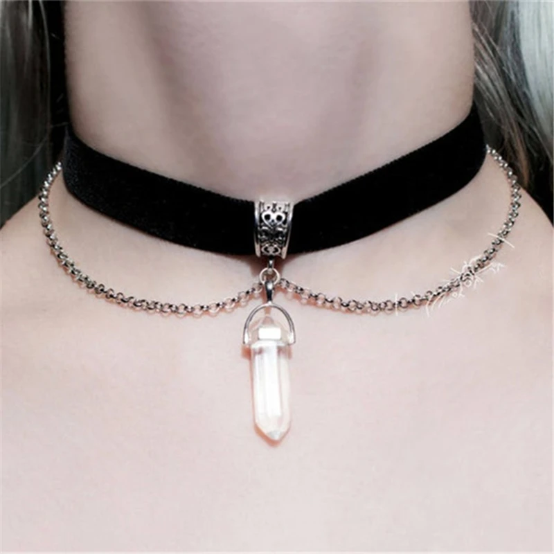 

New Fashion Black Velvet Choker, Natural Quartz Hexagon Pillar Crystal Pendant Necklace Women Jewelry Party Gifts
