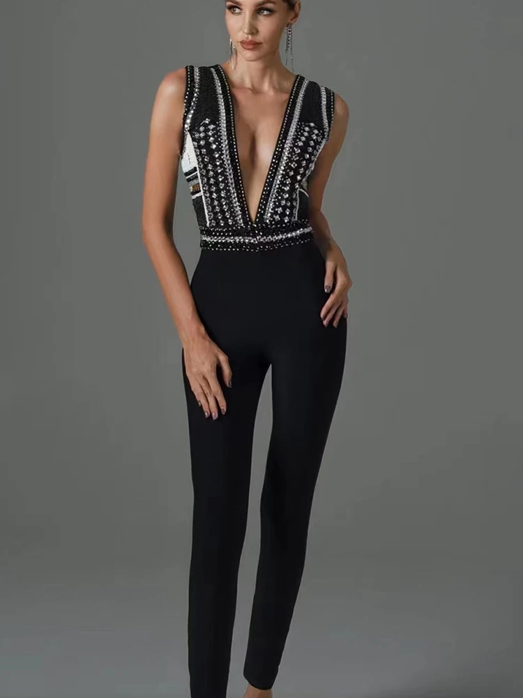 Sexy V-neck Luxury Crystal Diamond Bandage Jumpsuits Elegant Black Sleeveless Beading Bodycon Jumpsuits Celebrity Party Club