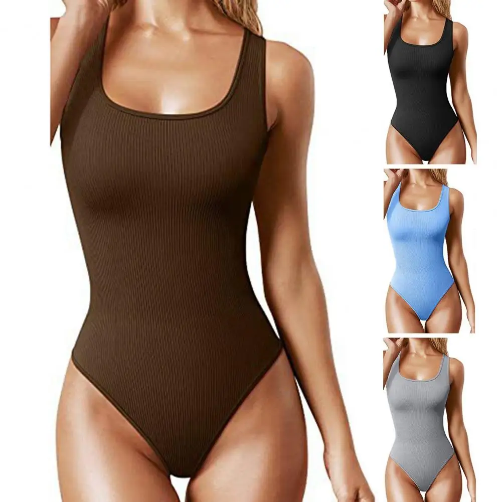 

Summer Bodysuit U-Neck Sleeveless Skinny Bodysuit Solid Color Ribbed Hip Lifting Tummy Controlling Romper