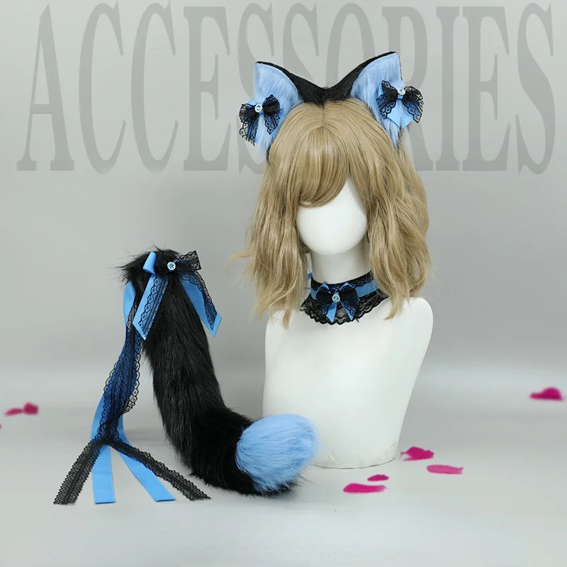 

Animal Ears and Tails Handmade Lolita Accessories Lace Headwear Collar Cat Ears Headband Cat Tail Set