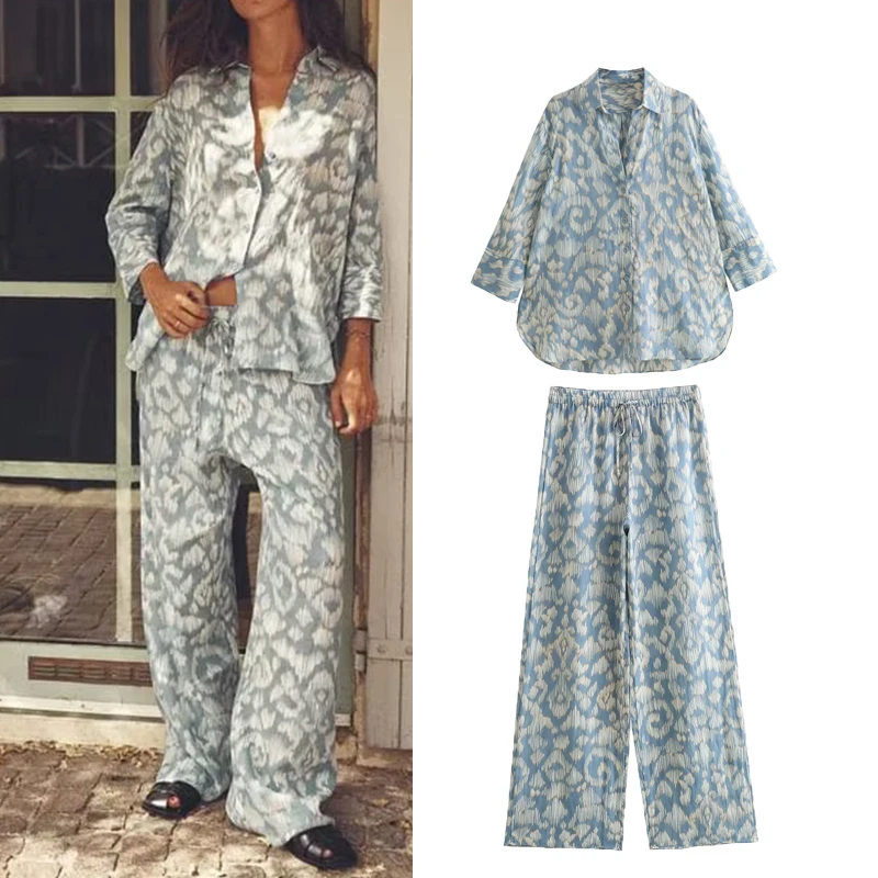 

New Shirt Elastic Waist Wide-leg Pants Set 2023 New Women Suit Elegant Street Leisure Holiday 2-piece Set Chic Fashion Women Set