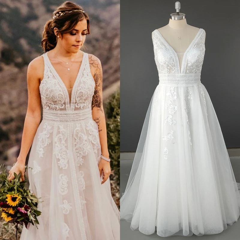 

12640# Real Photos V-neck Backless Appliques Illusion Lace Wedding Dress Exquisite Sweep Train A-line Bridal Gown For Party