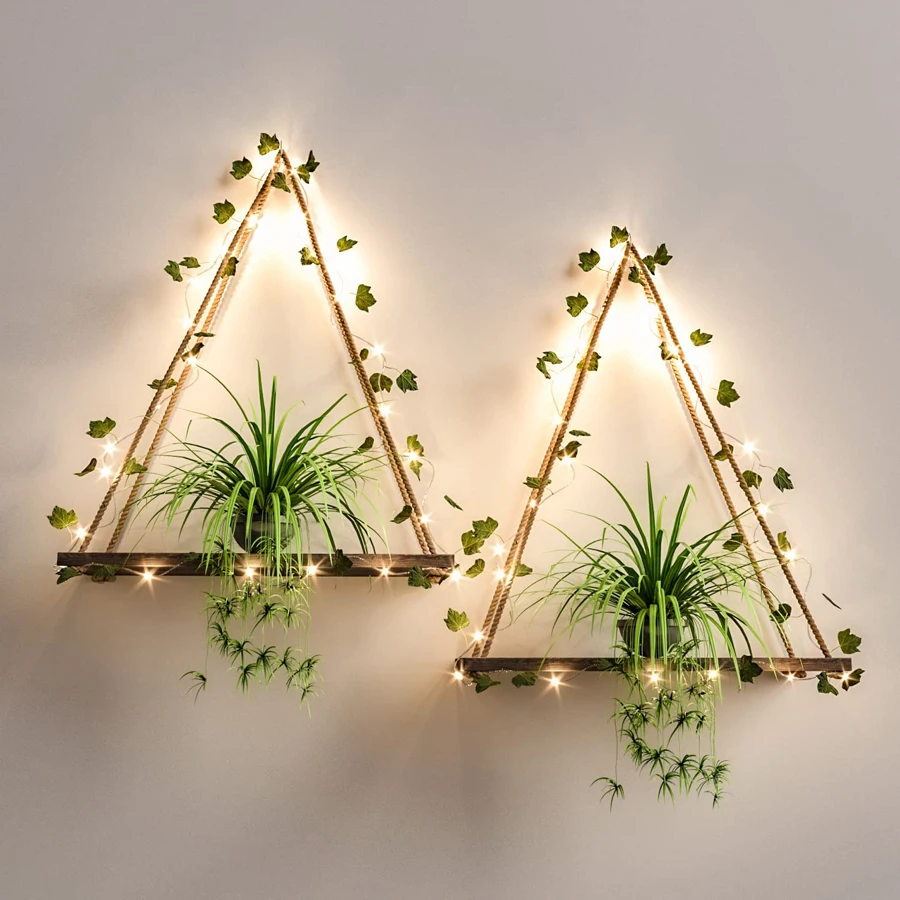 

1pcs Boho Woven Hanging Rack with LED Lights with Faux Ivy Lace Shelf Bedroom Bathroom Living Room Kitchen Wooden Wall Decoratio