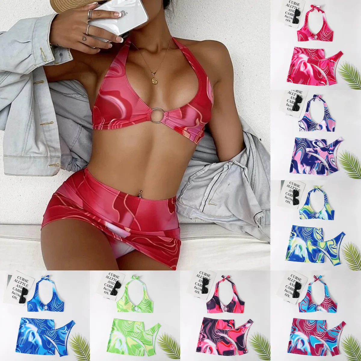 

2022 New swimsuit female ins style three-piece bikini skirt split swimsuit