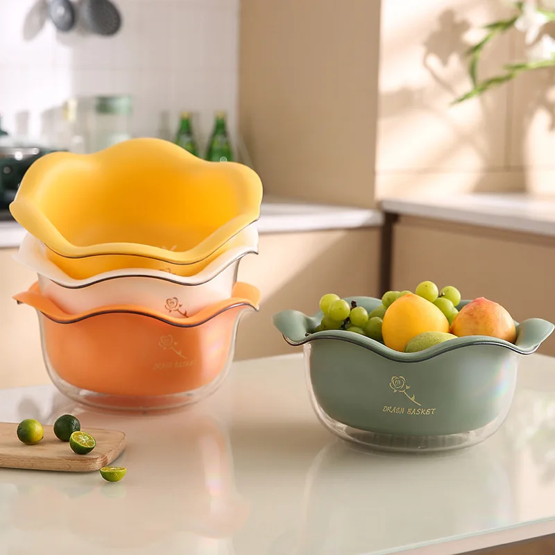 

Kitchen Petal Drain Basket Household Multifunctional Vegetable Fruit Basket PET Double Layer Vegetable Basket Washing Basket